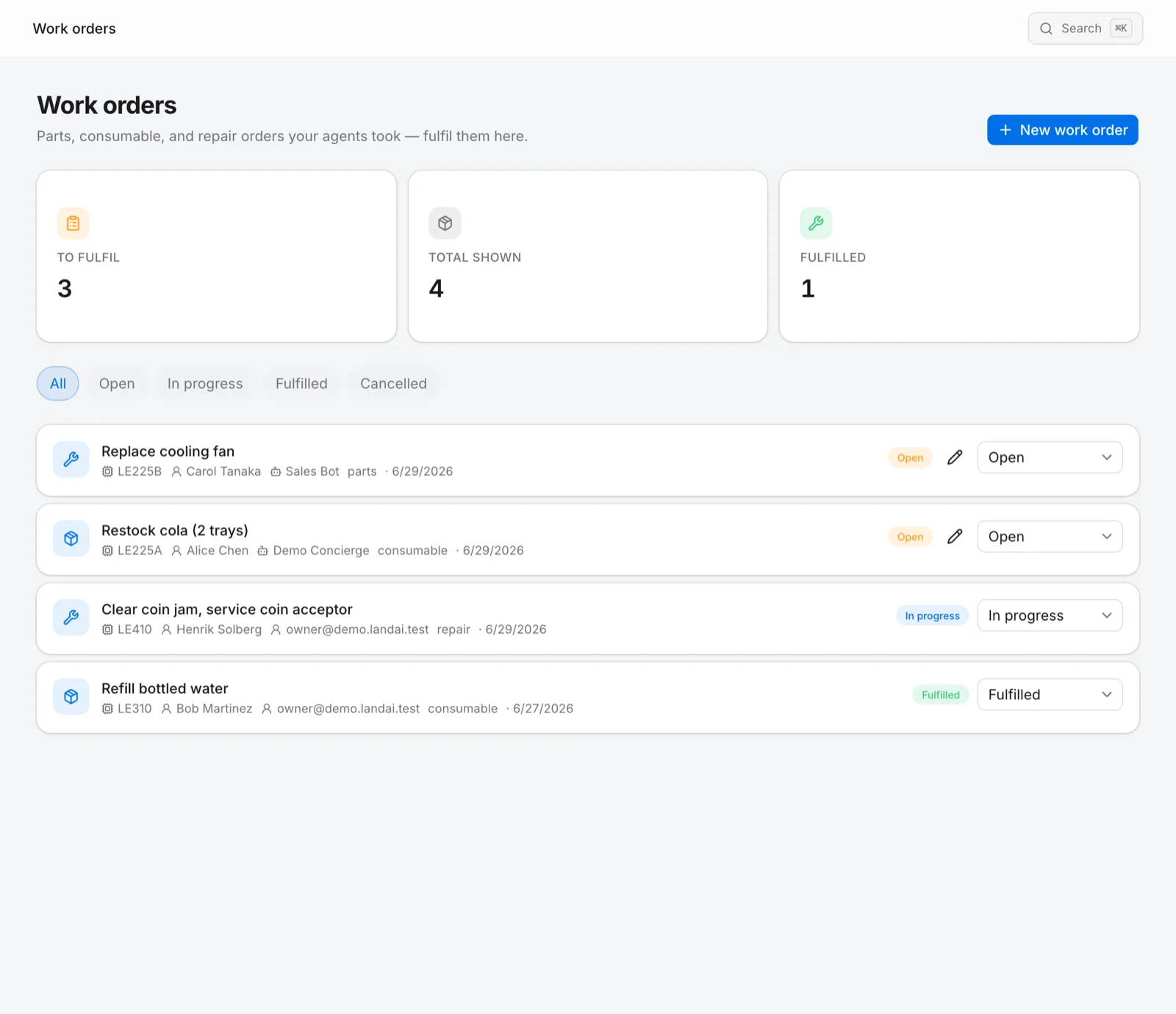 The Synexa work orders screen listing parts, consumables, and repair orders with status badges.